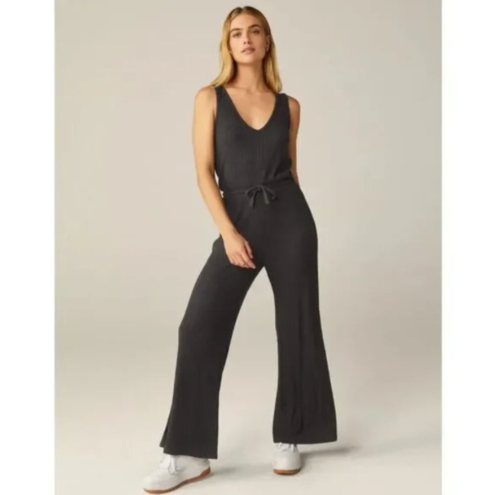 Beyond Yoga Jetsetter Black Ribbed Drawstring Sleeveless Wide Leg Jumpsuit